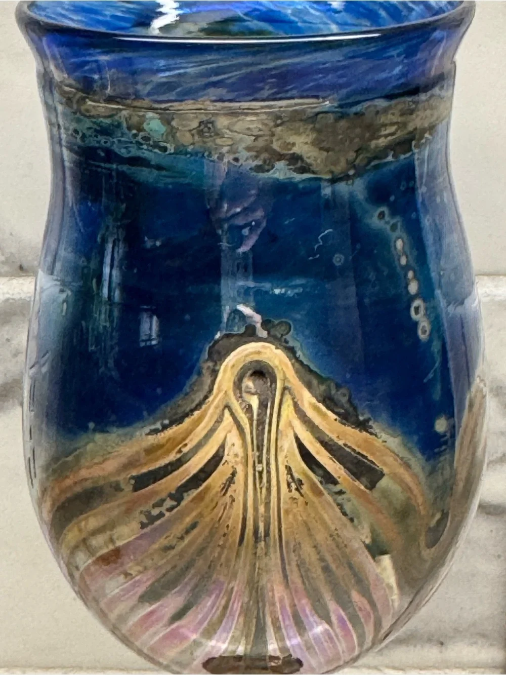 Signed Princ Art Glass Czechoslovakia Chalice Goblet Cobalt Pulled Feather